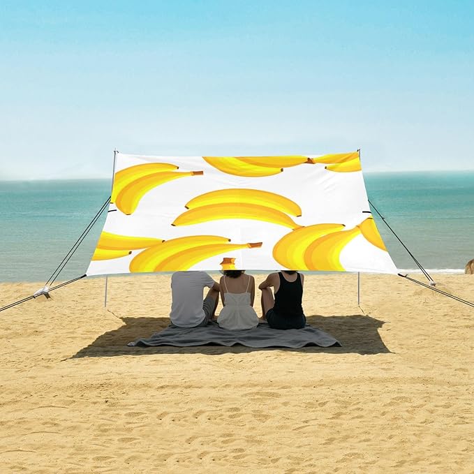 Beach Canopy with Windproof Ropes &amp Sandbags Beach Tent Sun Shade Sun Shelter for Camping Trips Fishing Backyard Fun or Picnics Banana