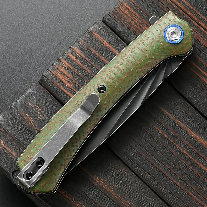 Sitivien ST144 Folding KnifeBlack Stonewashed 14C28N Steel BladeMicarta Handle Pocket Knife for Outdoor EDC CampingSurvivalHikingFishing(Green)