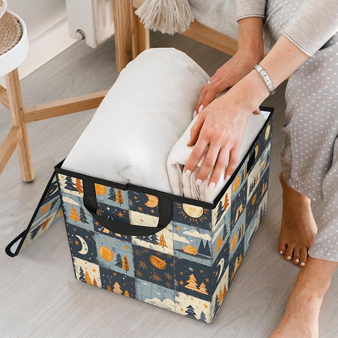 Rustic Trees Storage Basket with Lid Sun Moon Foldable Storage Box Fabric Storage Bins with Carrying Handles for Home Bedroom Closet Organization