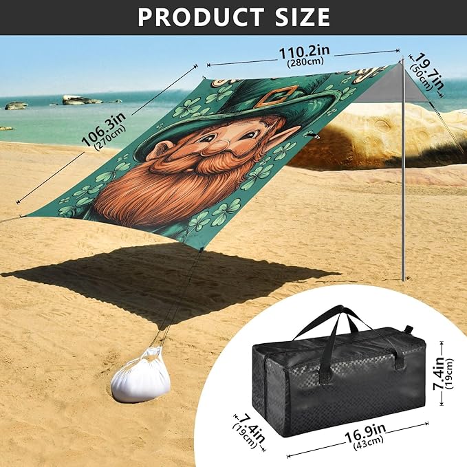 St Patrick's Day Leprechaun Beach Tent Sun Shelter Set UPF50+ UV Protection 10.5 x 9.19 FT Camping Shade Canopy with Sandbags Sand Anchors Carrying Bag and Others