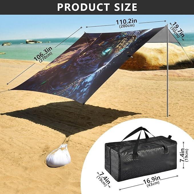 ALAZA Leopard Chief Beach Tent Sun Shelter UPF50+ Protection Beach Shade Canopy w/ 4 Sandbags for Outdoor Camping Fishing Backyard Fun Picnic 10x9 ft