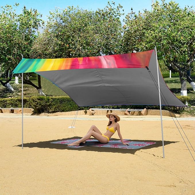 Tie Dye Beach Tent Sun Shelter 9.2' x 10.5' Beach Canopy with 4 Sandbags 4 Stability Poles Sand Shovels - Tent Canopy for Beach Camping Fishing Picnics