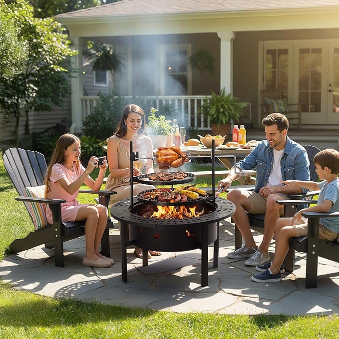 ROVSUN Upgrated 33'' Outdoor Fire Pit with 2 Grills Grill with Side Shelves Wood Burning Round Firepit with Swivel Cooking Grate Removable Swivel Grill for Backyard Patio Picnic BBQ and Parties
