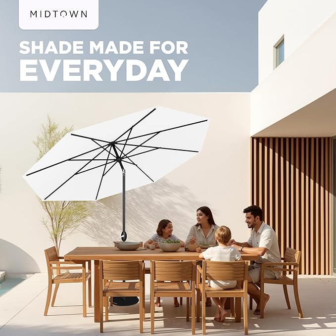 Midtown Umbrellas - 10-Year-No-Fade 9 Ft Patio Umbrella with Terylast Fabric Auto-Tilt Aluminum Frame and 8 Reinforced Ribs for Deck Pool Garden &amp Beach - Ivory White Canopy Black Pole