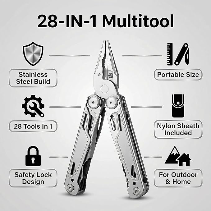 Multitool 28-in-1 Stainless Steel Multi-Tool with Pocket Knife Self-locking Pliers Bottle Opener Professional Multi Tool for Outdoor Survival Camping Hiking Hunting - Silver
