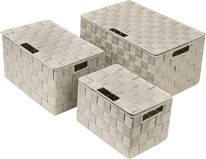 Sorbus Set of 3 Storage Baskets for Organizing with Lid – Mesh Hand-Woven Baskets for Closet Shelf &amp Home Storage (Beige Variety Pack)