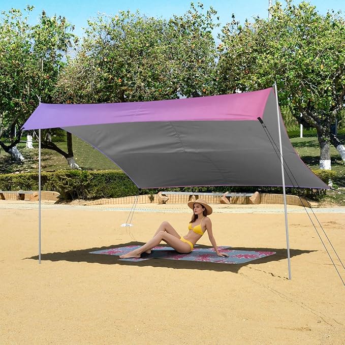 Blue Red Gradient Beach Cabana UPF50 Waterproof Sun Shelter with Sand Shovel Sandbags for Backyard and Camping