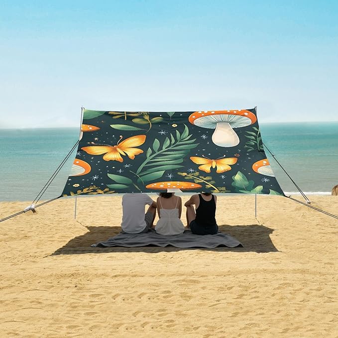 ALAZA Mushroom Butterfly Pattern Beach Tent Sun Shelter Portable Canopy Sunshade for Outdoor Camping Picnics Backyard Fun 10x9 ft