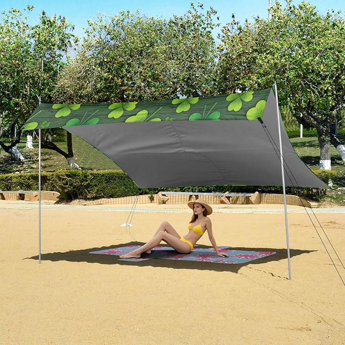 xigua St. Patrick's Day Clover Beach Tent Sun Shelter with Carrying Bag - Silver Coated Oxford Fabric Beach Canopy for Beach Camping Fishing - Includes Windproof Ropes Sandbags &amp Stakes
