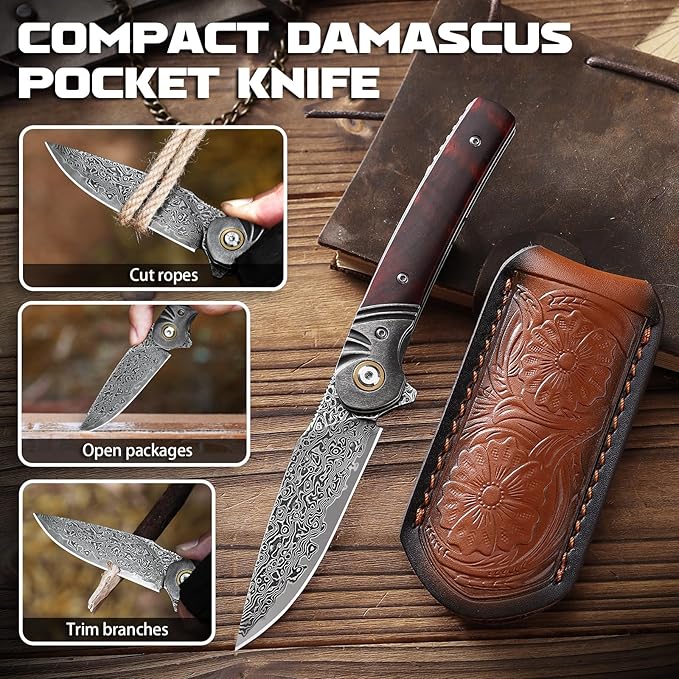 Omesio Damascus Folding Pocket Knife 3.27 Damascus Steel Blade Rosewood Handle EDC Knife with Clip &amp Sheath for Camping Hiking Outdoor Gifts for Men Women