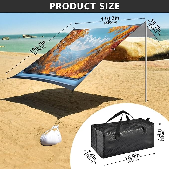 Car Window Outside Fall Landscape Beach Tent Sun Shelter Set UPF50+ UV Protection 10.5 x 9.19 FT Camping Shade Canopy with Sandbags Sand Anchors Carrying Bag and Others