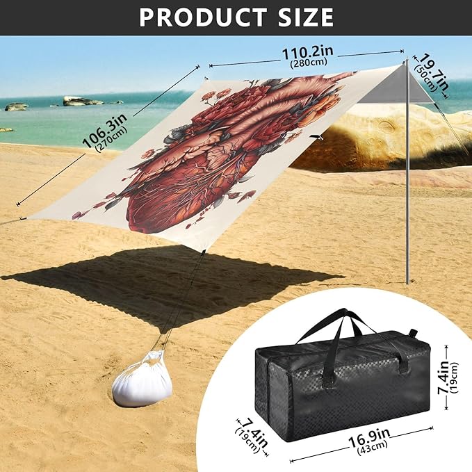 ALAZA Heart Flower Gothic Beach Tent Sun Shelter UPF50+ Protection Beach Shade Canopy w/ 4 Sandbags for Outdoor Camping Fishing Backyard Fun Picnic 10x9 ft