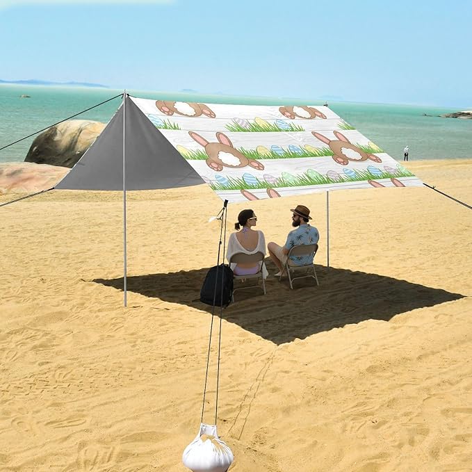 Beach Canopy with Windproof Ropes &amp Sandbags Beach Tent Sun Shade Sun Shelter for Camping Trips Fishing Backyard Fun or Picnics Easter Rabbit