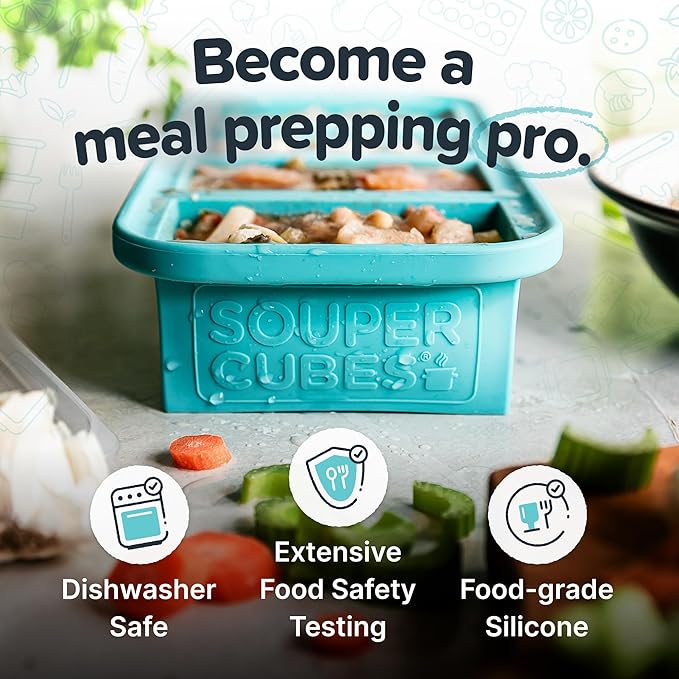 Souper Cubes 1 Cup Silicone Freezer Molds with Lids - Soup Cubes with Steel Reinforced Rim - Perfect for Freezing Broth Rice Individual Portions Meal Prepping and More - Aqua - 2-Pack