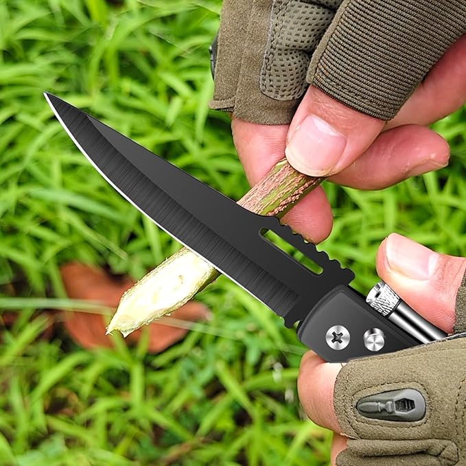 AK47 Style Tactical Folding Pocket Knife（Black） 6-Pack – Bulk Set with LED Light Wood Handle Laser Engraving Ready Best Man Gifts Outdoor Camping Hiking Gear for Groups (6)