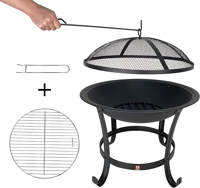 FireBeauty Fire Pit BBQ Grill Pit Bowl with Mesh Spark Screen CoverPoker