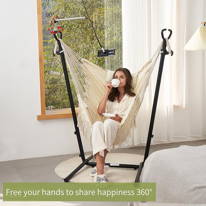 Hammock with Stand Phone Holder Included Double Hanging Chair Macrame Boho Handmade Adjustable Swing Indoor Outdoor Patio Yard Garden Porch 400lbs Capacity (2022 White)