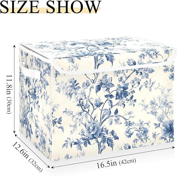 Blue White Flower Pattern Large Storage Bins with Linen Foldable Storage Cubes Fabric Closet Organizer Containers box with Flip-Top Lid for Home Office 16.5 x 12.6 x 11.8 IN