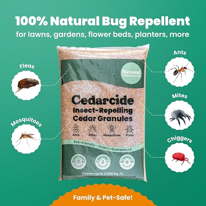 Cedarcide Lawn Home &amp Garden Cedar Granules | Repels Fleas Ticks Ants &amp Mosquitoes | Smells Great Easy to Use | Family &amp Pet Safe | 6 Bags (48 Lbs)