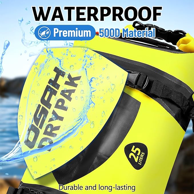 OSAH DRYPAK 25L Waterproof Dry Bag - Motorcycle Luggage Tail Bag with Straps for Back Seat Roll Top Lightweight Waterproof Backpack Sack for Travel Swimming Boating Kayaking Camping and Beach