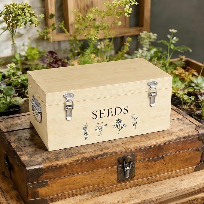 Bamboo Seed Storage Organizer Large Garden Seed Organizer with Lid &amp Safety Lock &amp Handles Seed Box Storage Organizer Includes Seed Envelopes and Labels etc Great Gifts Gardening Kit (Wood)