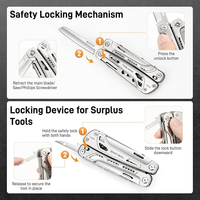Teslong 18-in-1 EDC Multitool Pliers with Scissors Pocket Knifes with Screwdrivers Replaceable Wire Cutters and Saw with Self-locking Outdoor Survival Camping Stainless Steel Gift for Men Dad