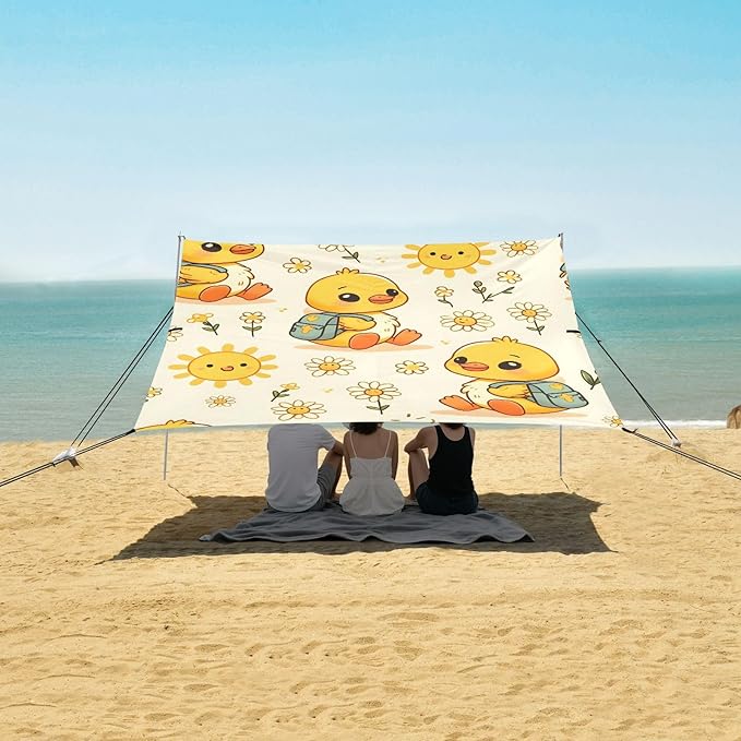 ALAZA Cute Duck Daisy Flower Beach Tent Sun Shelter UPF50+ Protection Beach Shade Canopy w/ 4 Sandbags for Outdoor Camping Fishing Backyard Fun Picnic 10x9 ft