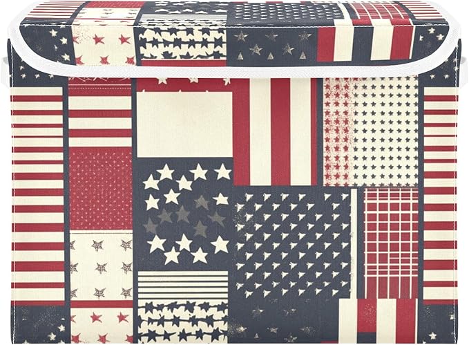 Collapsible Storage Bins with Lids Decorative Fabric Storage Cubes Closet Organizer and Storage Basket Boxes Containers for Clothes Box Chest Nursery Folding Rectangle July 4th Textile Flag