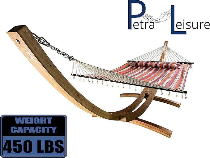 14 Ft. Wooden Arc Hammock Stand + Deluxe Quilted Double Padded Hammock Bed w/Pillow. 2 Person Bed. 450 LB Capacity(Natural Stain/Elegant Fiesta Stripe)