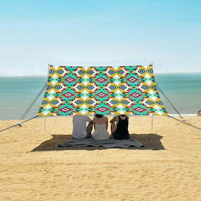 Beach Canopy with Windproof Ropes &amp Sandbags Beach Tent Sun Shade Sun Shelter for Camping Trips Fishing Backyard Fun or Picnics Boho Tribal Aztec