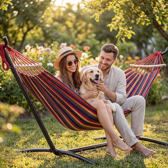 EveryFun Double Hammock with Heavy-Duty Steel StandPortableEasy Assembly600lbs Weight CapacityPerfect for IndoorYardCampingor Outdoor-Rainbow