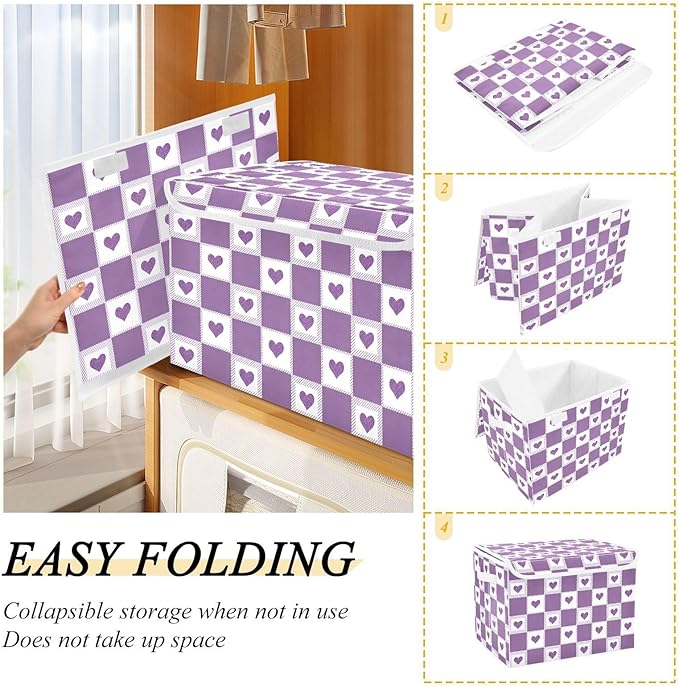 Cute Checkered Purple Hearts Storage Box with Lid 1 PC Foldable Storage Bin with Lids Stackable Storage Bins Cube Closet Organizer Basket with Flip-Top Lid &amp Handles for Shoes Books Towels