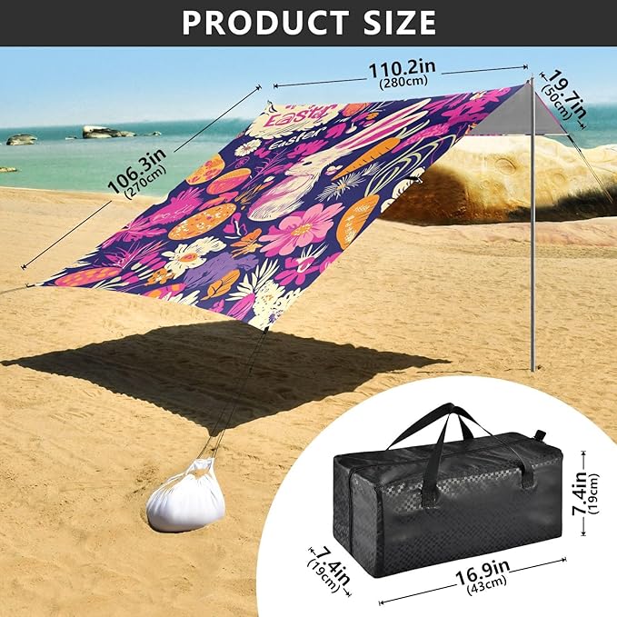 Happy Easter Rabbit Carrots Bowknot Daisy Egg1 Foldable Beach Canopy UPF50+ Waterproof Portable Sun Shelter with Sandbags &amp Sand Shovel for Camping Picnics Backyard &amp Fishing