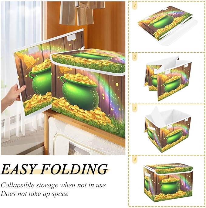 Christmas Storage Baskets with Lids St. Patrick's Day Coin Clover Collapsible Bins Stackable Fabric Linen Baskets Closet Organizer Container 16.5x12.6x11.8