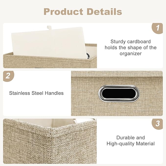 Linen Storage Bins with Lids13 x 13 Inch Foldable Fabric Cube Baskets Boxes Organizer for Closet Shelves and Home. (Khaki (13x13) 2 pack)