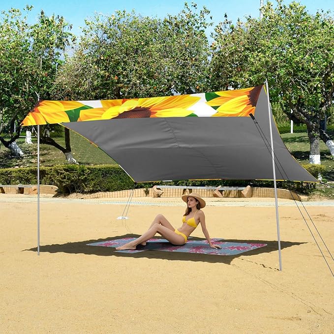 Beach Canopy with Windproof Ropes &amp Sandbags Beach Tent Sun Shade Sun Shelter for Camping Trips Fishing Backyard Fun or Picnics Sunflowers