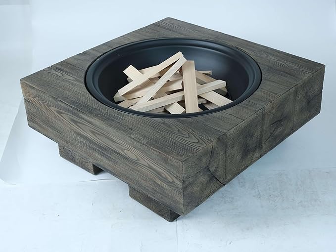 Outdoor Wood Burning Fire Pit with Wood Grain Design Magnesium Oxide Antique Dark Grey 27.4” x 24.4” x 18” for Garden and Patio