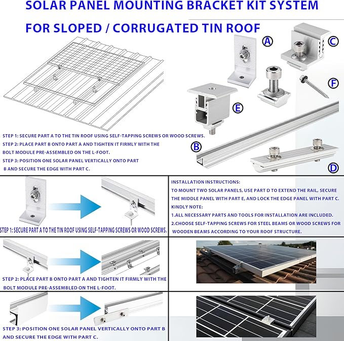 Solar Panel Mounting Rail Kit for 7 x 320W Panels Includes 12 x 47.2 Aluminum Rails Adjustable Clamps L-Brackets &amp Wire Clips Heavy Duty Racking for Metal Tile Shingle Roof