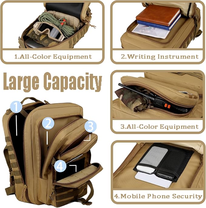 Military Tactical Backpack for Men 45L Large 3 Day Assault Pack MOLLE Bag Waterproof Rucksack for Outdoor Hiking Camping Trekking &amp Survival Includes American Flag Patch - Tactical Green