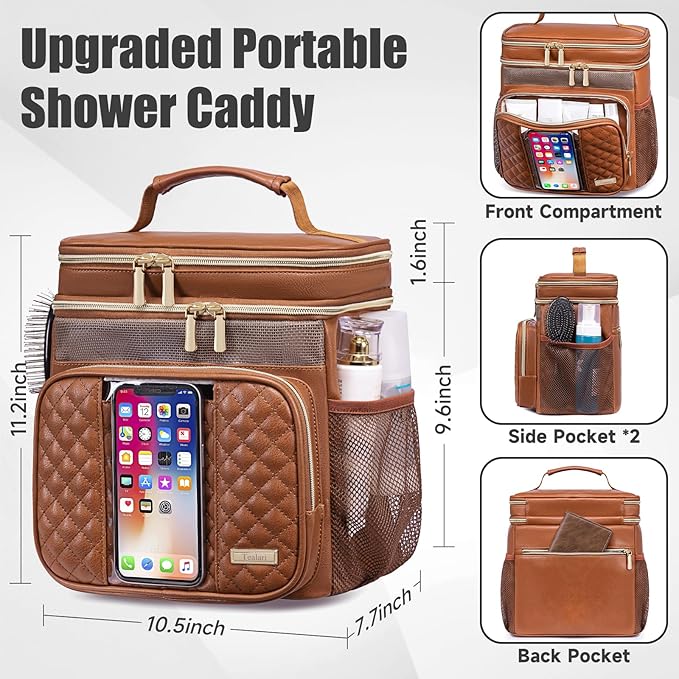 Large Leather Toiletry Bag for Women MenBathroom BagWater Resistant Shower BagMakeup BagPortable Shower Caddy for College DormHanging Travel Toiletry Bag with Transparent Waterproof Phone Pocket