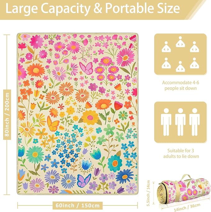 Floral Picnic Blankets Waterproof Foldable 60″X80″ Packable Picnic Mat Flowers Outdoor Blanket for Grass Large Beach Blanket Sandproof Picnic Accessories for Camping Music Festival Park Lawn Travel