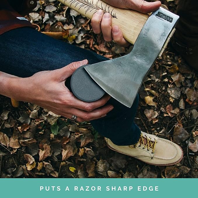 Sharp Pebble Puck/Disk - Axe/Hatchet Large Sharpening Stone- Whetstone Blade &amp Tool Sharpener- Dual Grit Multipurpose Waterstone Sharpener with Bamboo Box