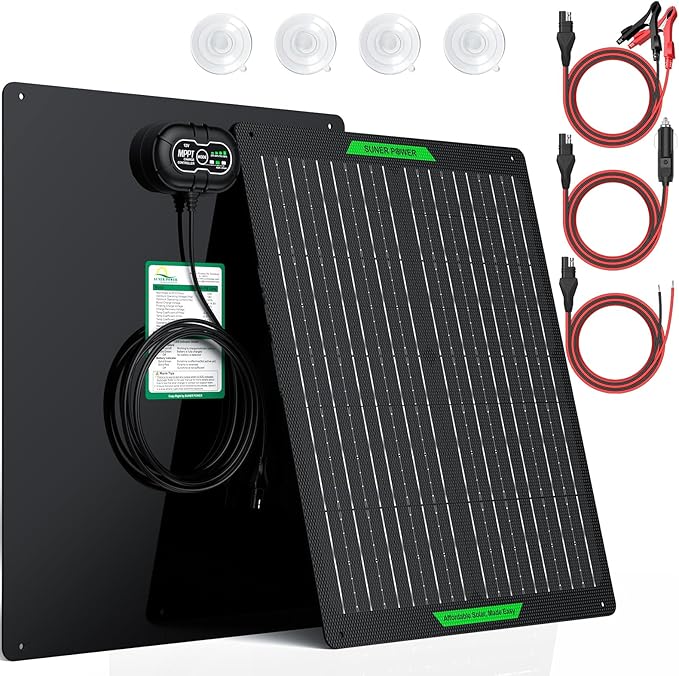 SUNER POWER Waterproof 30W 12V Solar Battery Charger &amp Maintainer PRO Built-in UltraSmart MPPT Charge Controller 12 Volt Solar Panel Trickle Charging Kits for Car Automotive Boat Marine RV Trail