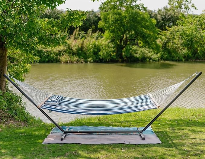 Lazy Daze Hammocks 12FT Quilted Fabric Double Hammock with Spreader Bars and Detachable Pillow 2 Person 450lbs Capacity Blue White