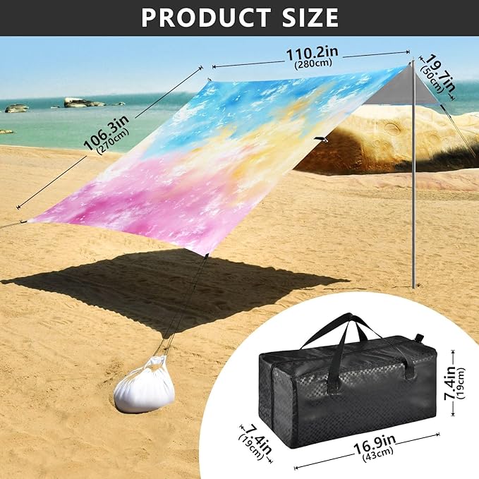 ALAZA Tie Dye Rainbow Color Beach Tent Sun Shelter UPF50+ Protection Beach Shade Canopy w/ 4 Sandbags for Outdoor Camping Fishing Backyard Fun Picnic 10x9 ft