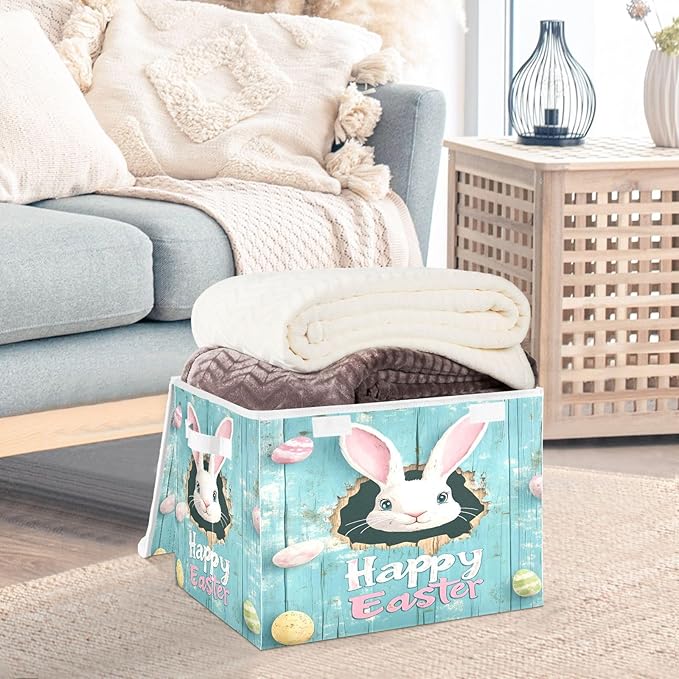 Happy Easter Pattern Foldable Storage Baskets Fabric Boxes with Handle Organizers with Flip-Top Lids Storage Bins for Home Bedroom Office