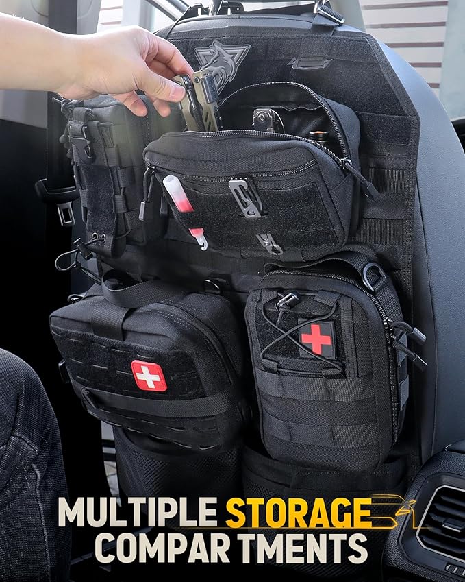 WYNEX Tactical Car Seat Back Organizer Set Vehicle Accessories Molle Panel wtih Detachable 4 Molle Pouches - First Aid EDC Admin Storage Bag for Road Trips Fits Most Cars SUVs Pickups Trucks
