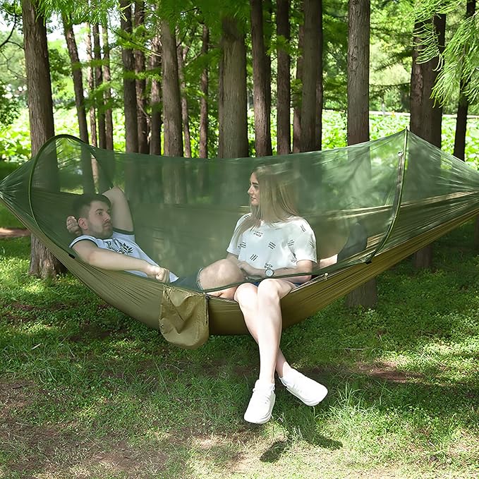 LFL Camping Hammock with Mosquito Net Hammocks with 13ft Tree Straps Carabiners Automatic Quick Open Outdoor Portable Hammock Nylon Parachute Material Outside Hammocks with Net (Black)