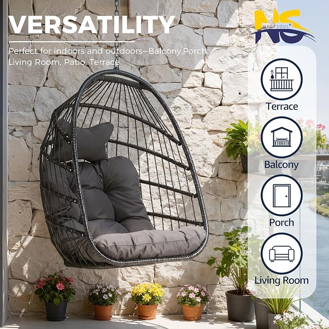 Nicesoul Patio Hanging Egg Chair No Stand Foldable Ceiling Egg Basket Chairs Without Stand Indoor Outdoor 350lbs Egg Shell Swing Hammock Chair with Cushion for Backyard Balcony Outside Dark Grey
