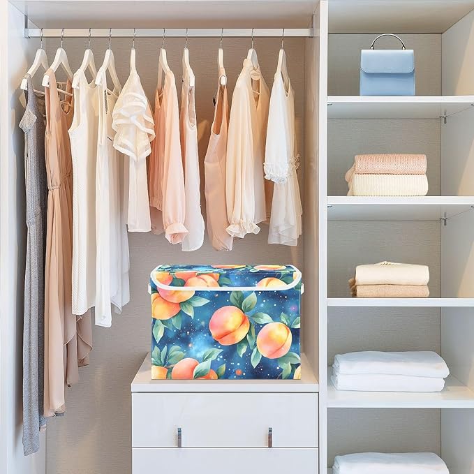 AIXIWAWA Lidded Storage Cube (Watercolor Peaches) Fabric Foldable Closet Bins with Flip Lid and Handles Organizer Basket Container 16.5 x 12.6 x 11.8 IN